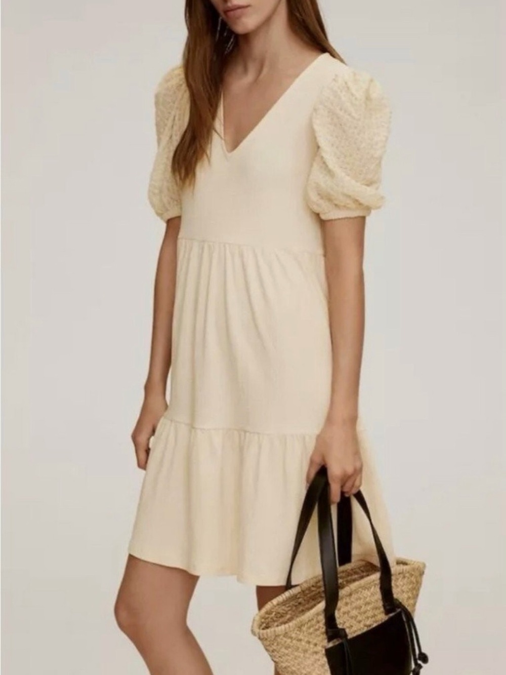 Mango Cream Puff Sleeve Tiered Mini Dress Size XS NWT